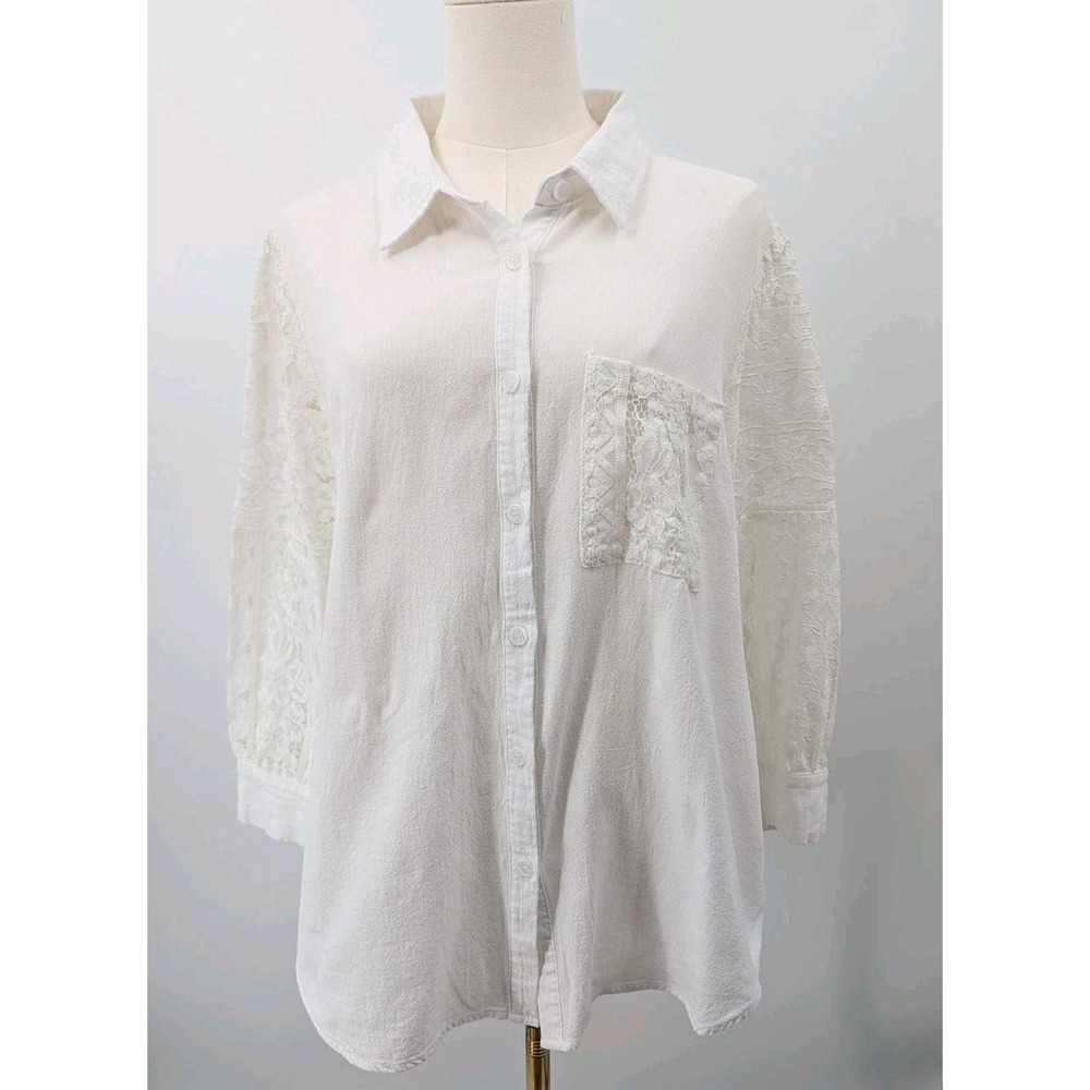 Davi & Dani White Button Up Lace Sleeve Top Size XL Coquette Romantic Feminine